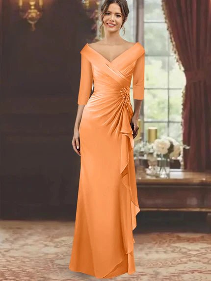 Elegant Mother of the Bride Dress with Ruffles and Appliques – Floor-Length Chiffon V-Neck Half Sleeves
