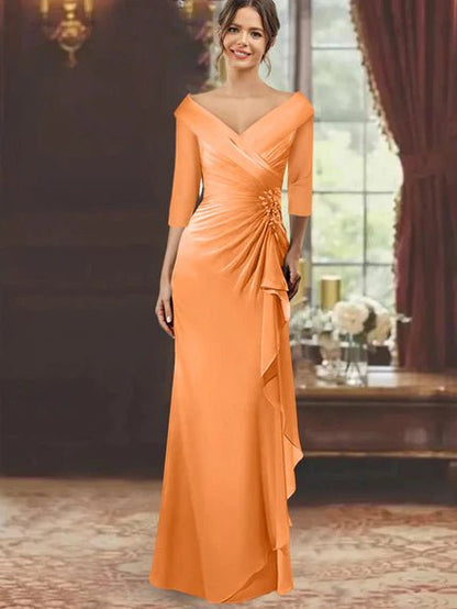 Elegant Mother of the Bride Dress with Ruffles and Appliques – Floor-Length Chiffon V-Neck Half Sleeves