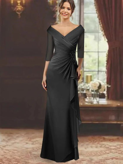 Elegant Mother of the Bride Dress with Ruffles and Appliques – Floor-Length Chiffon V-Neck Half Sleeves