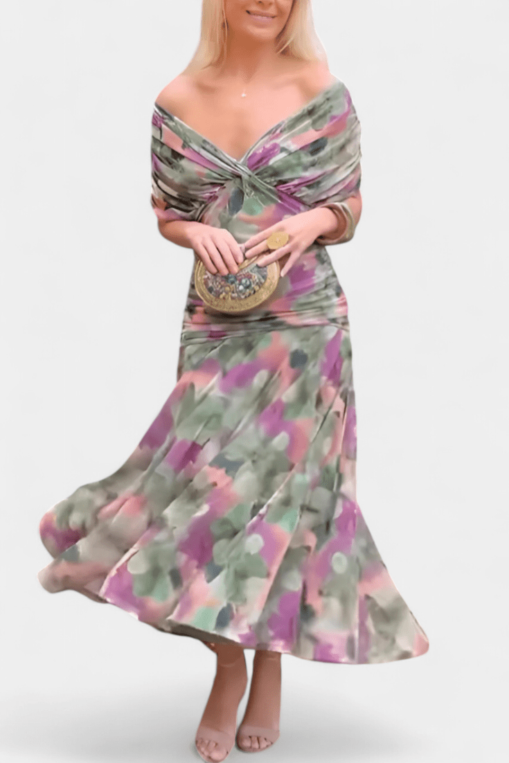 Elegant off-shoulder evening dress featuring draped fabric and a ruched bodice, perfect for formal occasions and special events. 3