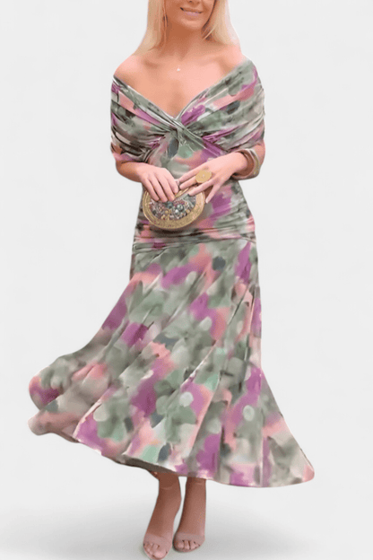 Elegant off-shoulder evening dress featuring draped fabric and a ruched bodice, perfect for formal occasions and special events. 3