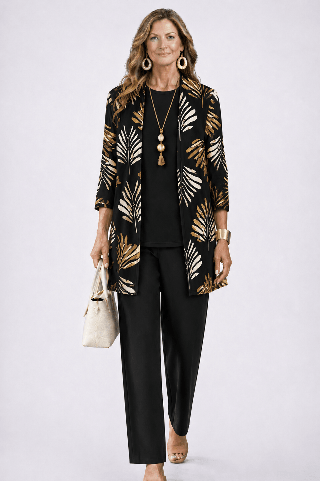 Elegant three-piece set featuring botanical print trousers, designed for plus size women, offering a lightweight and breathable casual outfit perfect for everyday wear. 12