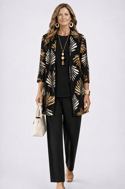 Elegant three-piece set featuring botanical print trousers, designed for plus size women, offering a lightweight and breathable casual outfit perfect for everyday wear. 12