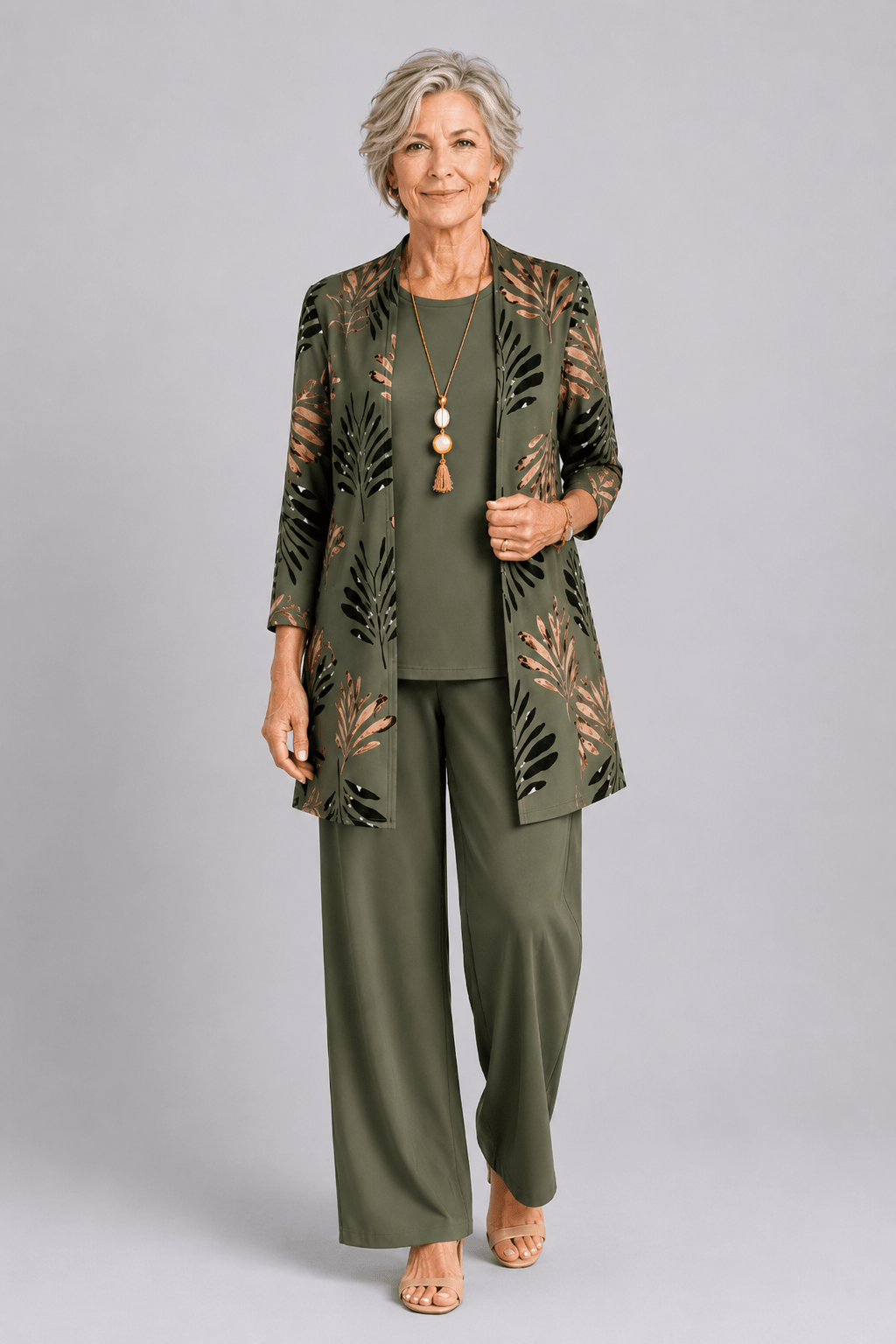 Elegant three-piece set featuring botanical print trousers, designed for plus size women, offering a lightweight and breathable casual outfit perfect for everyday wear. 0
