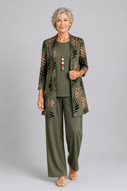Elegant three-piece set featuring botanical print trousers, designed for plus size women, offering a lightweight and breathable casual outfit perfect for everyday wear. 0