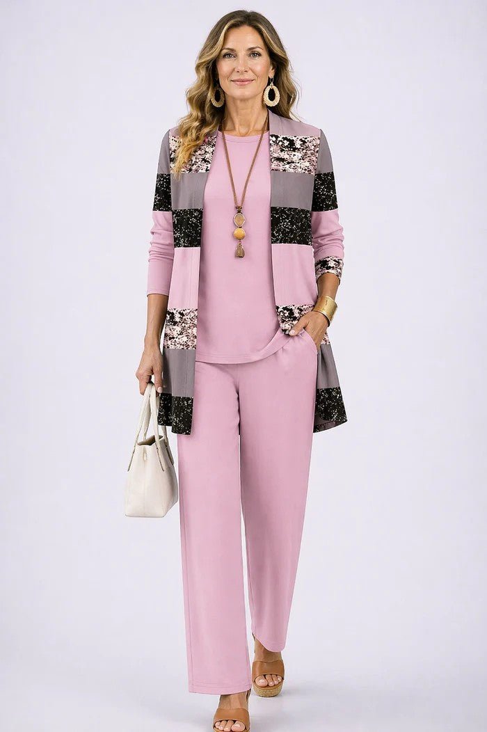 Elegant three-piece set featuring botanical print trousers, designed for plus size women, offering a lightweight and breathable casual outfit perfect for everyday wear. 5