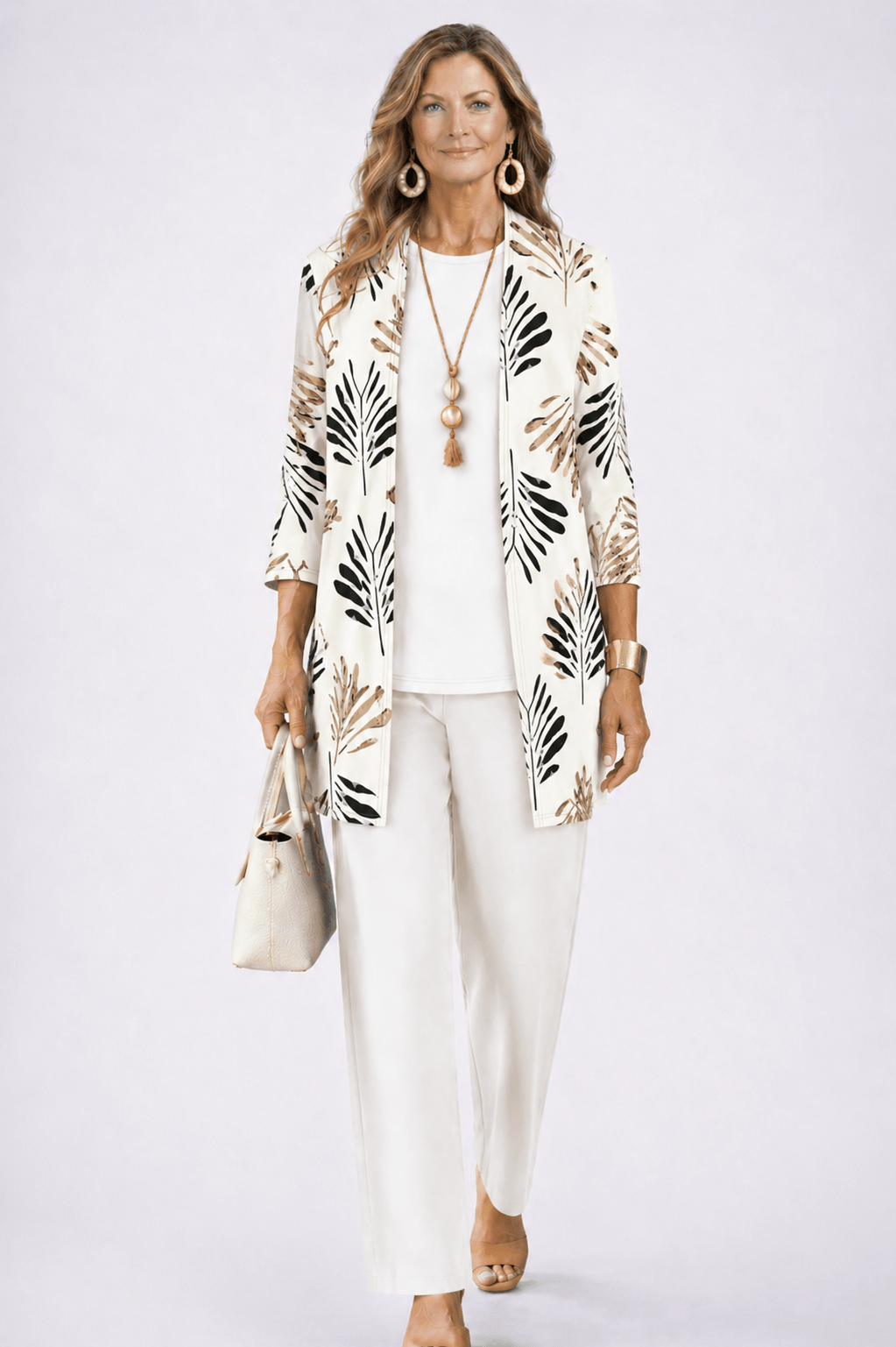 Elegant three-piece set featuring botanical print trousers, designed for plus size women, offering a lightweight and breathable casual outfit perfect for everyday wear. 10