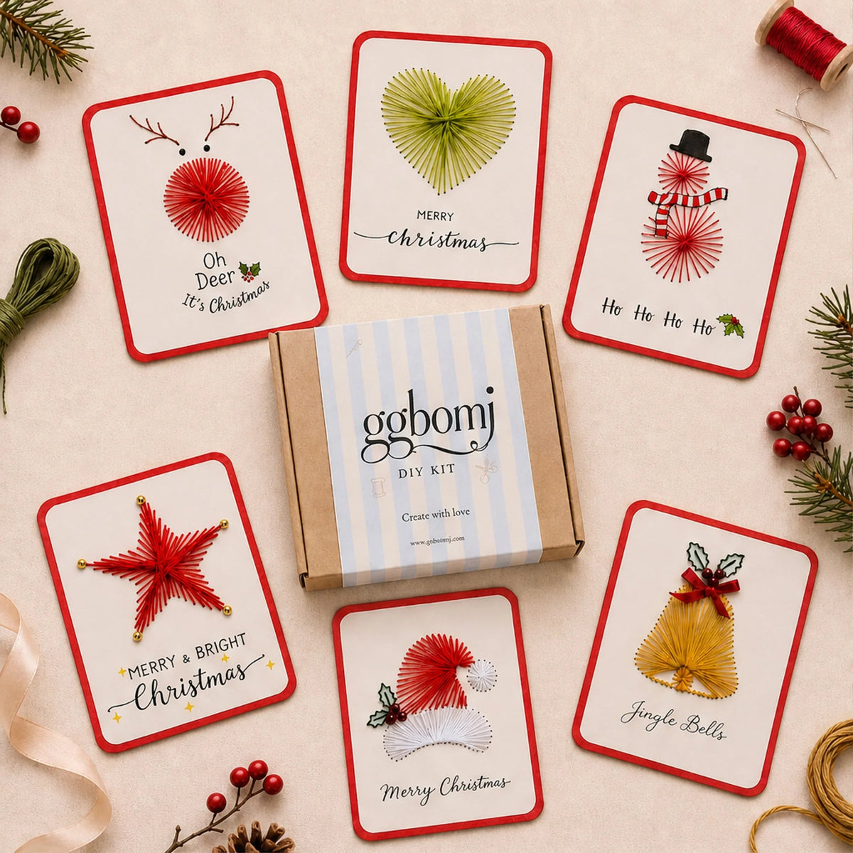 Embroidery Card Kit for Beginners featuring 6 pre-punched Christmas card designs and envelopes, perfect for festive crafting and personalized holiday greetings. 1