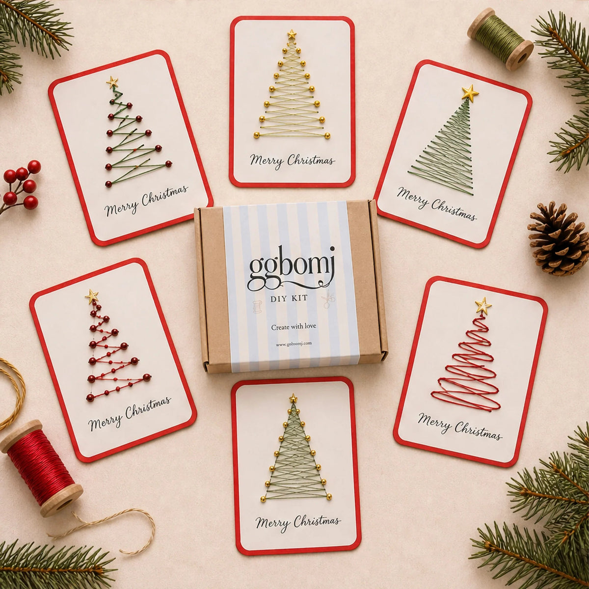 Embroidery Card Kit for Beginners featuring 6 pre-punched Christmas card designs and envelopes, perfect for festive crafting and personalized holiday greetings. 3