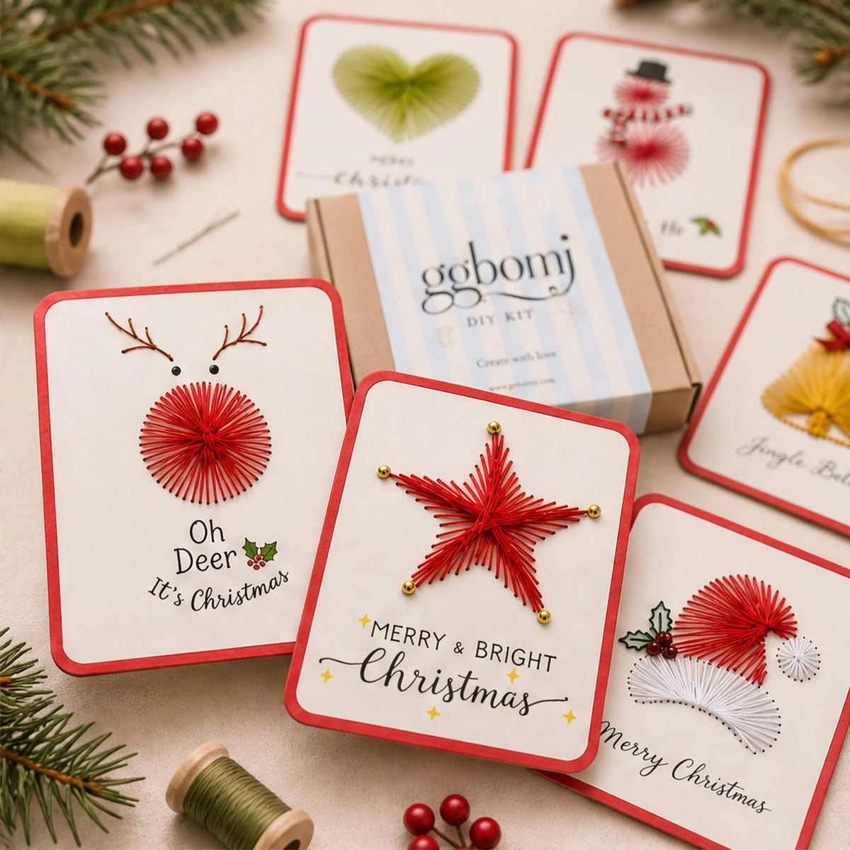 Embroidery Card Kit for Beginners featuring 6 pre-punched Christmas card designs and envelopes, perfect for festive crafting and personalized holiday greetings. 2