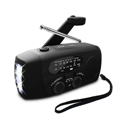 Emergency radio with hand crank and solar power, featuring FM/AM reception, built-in flashlight, 2000mAh power bank, and weatherproof 1