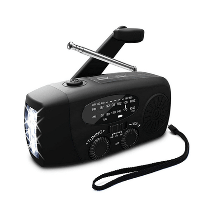 Emergency radio with hand crank and solar power, featuring FM/AM reception, built-in flashlight, 2000mAh power bank, and weatherproof 1