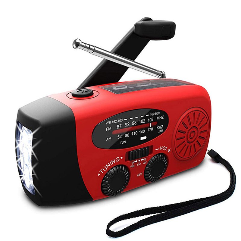 Emergency radio with hand crank and solar power, featuring FM/AM reception, built-in flashlight, 2000mAh power bank, and weatherproof 0