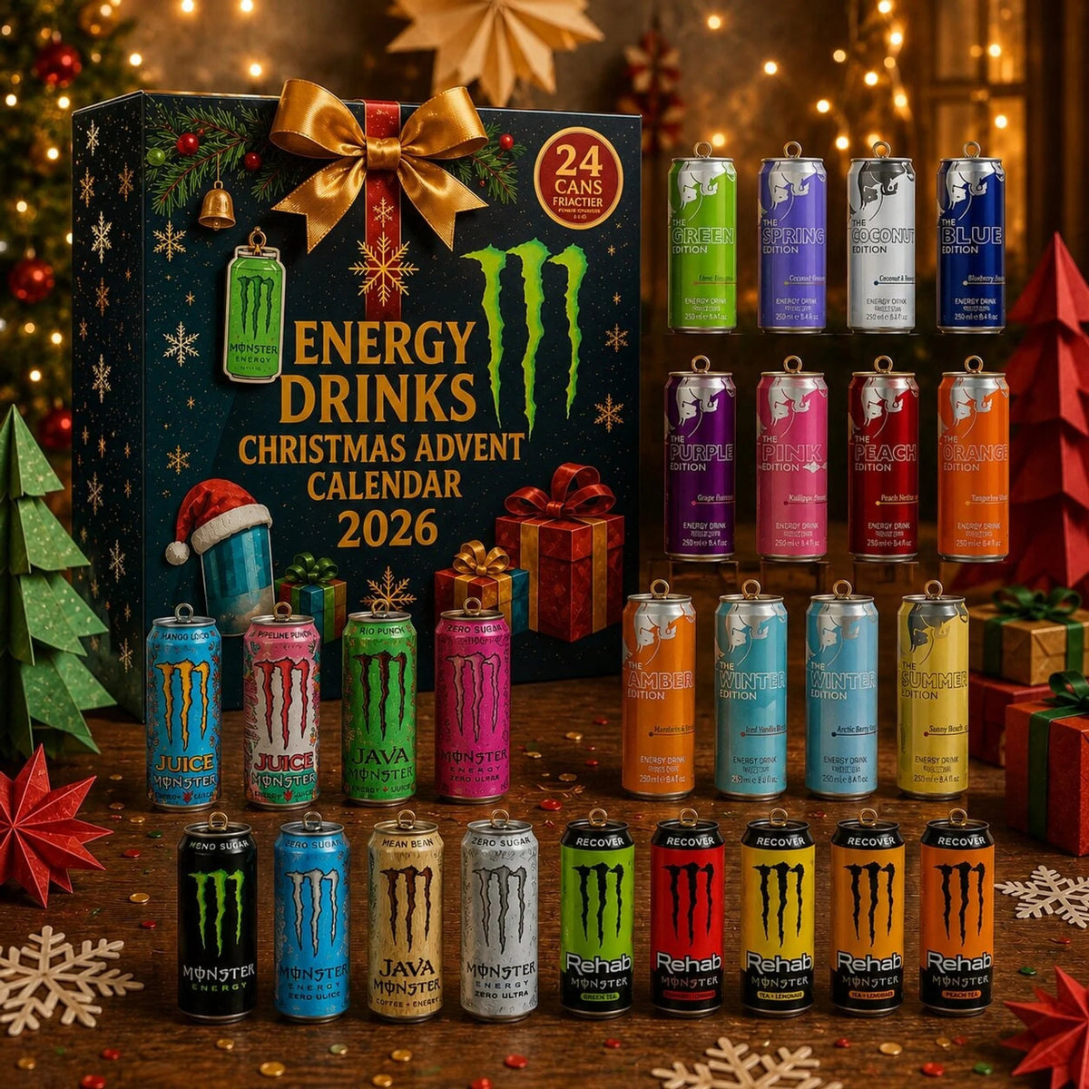 Energy Drink Advent Calendar featuring 24 mini cans, perfect for the 2026 Christmas countdown, showcasing unique collectible can designs. 1