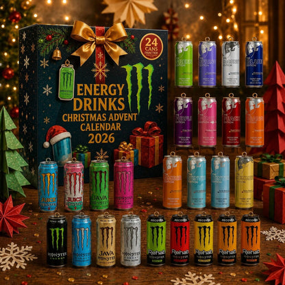 Energy Drink Advent Calendar featuring 24 mini cans, perfect for the 2026 Christmas countdown, showcasing unique collectible can designs. 1
