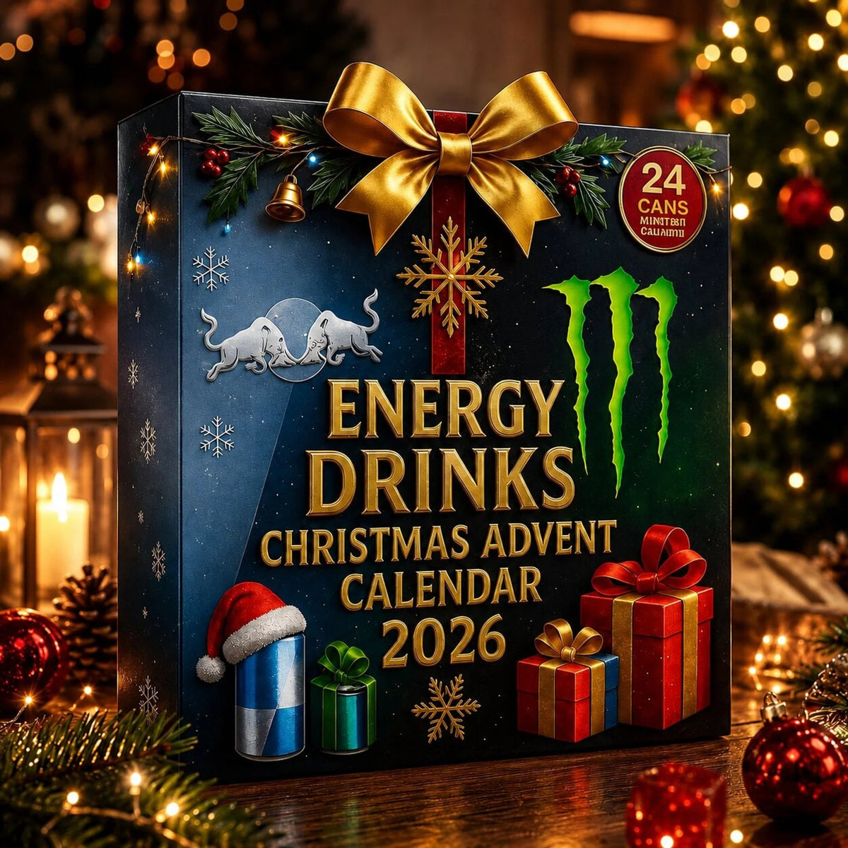 Energy Drink Advent Calendar featuring 24 mini cans, perfect for the 2026 Christmas countdown, showcasing unique collectible can designs. 3