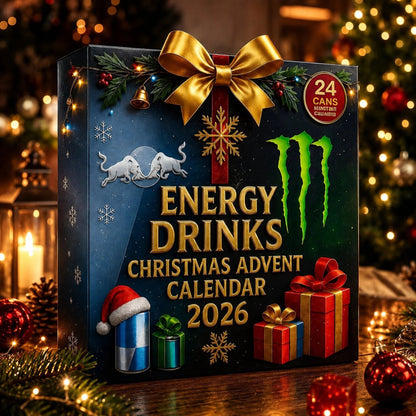 Energy Drink Advent Calendar featuring 24 mini cans, perfect for the 2026 Christmas countdown, showcasing unique collectible can designs. 3