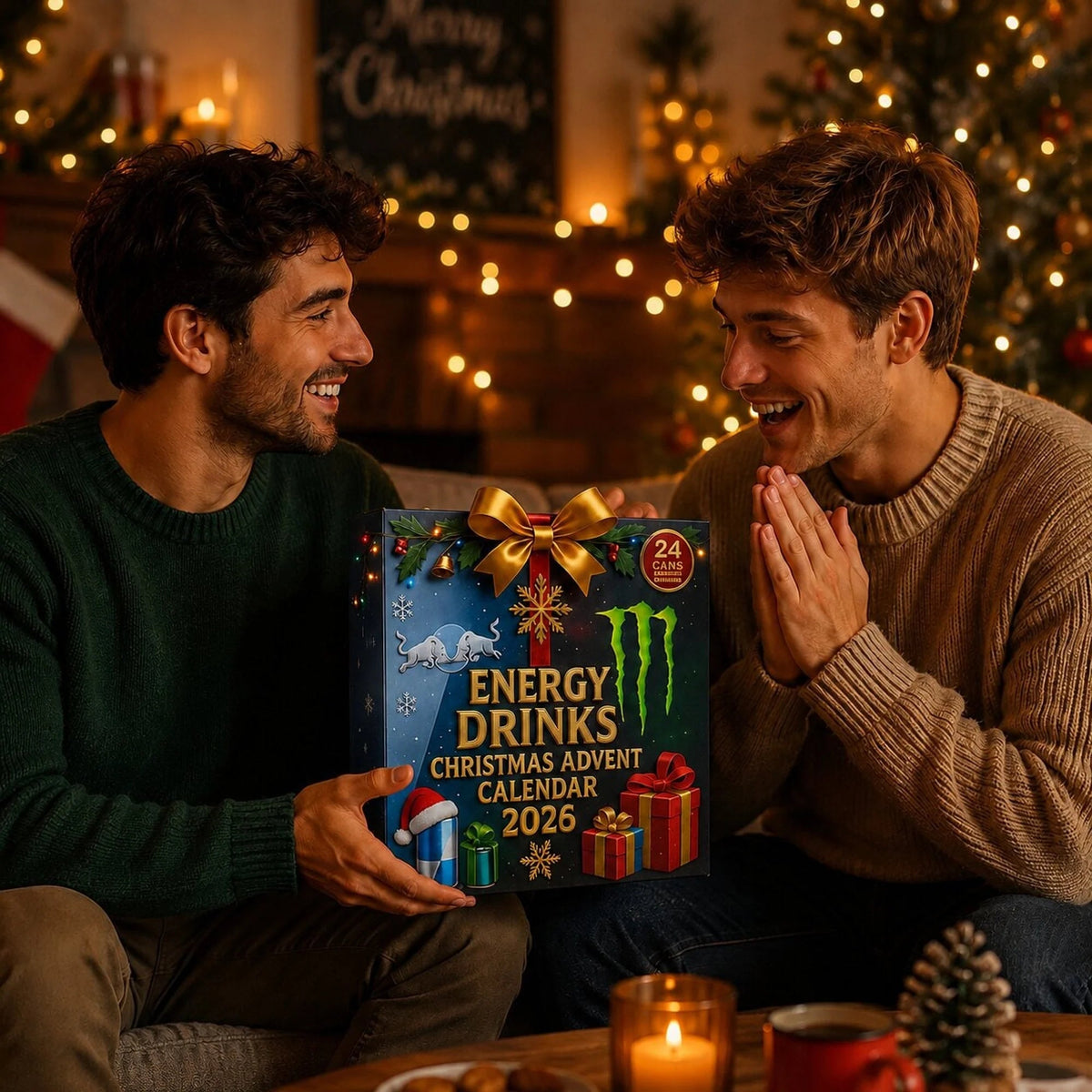 Energy Drink Advent Calendar featuring 24 mini cans, perfect for the 2026 Christmas countdown, showcasing unique collectible can designs. 2