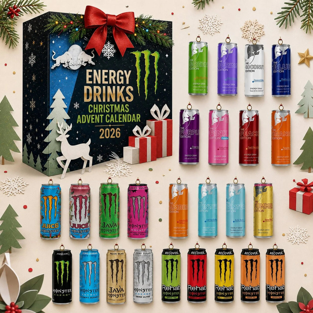Energy Drink Advent Calendar featuring 24 mini cans, perfect for the 2026 Christmas countdown, showcasing unique collectible can designs. 0
