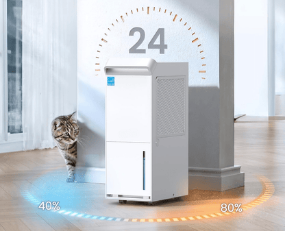 Energy efficient dehumidifier designed for large rooms, featuring smart humidity control technology, high capacity, and low power consumption for optimal moisture management. 1