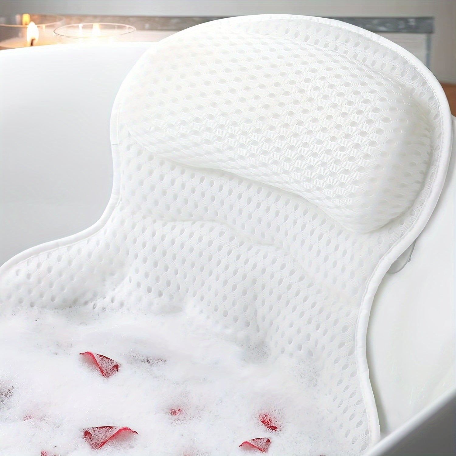 Ergonomic bath pillow featuring 4D air mesh technology for enhanced comfort, designed for soaking tubs, breathable and machine washable, in a sleek white 0
