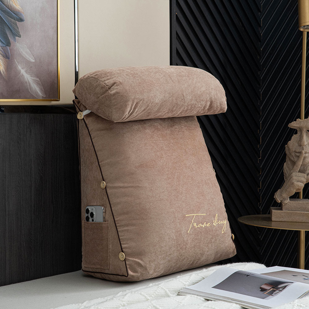 Ergonomic reading pillow designed for bed, featuring neck support, a soft cotton linen cover, and a convenient side pocket for books or devices, ideal 3