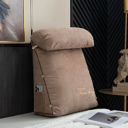 Ergonomic reading pillow designed for bed, featuring neck support, a soft cotton linen cover, and a convenient side pocket for books or devices, ideal 3