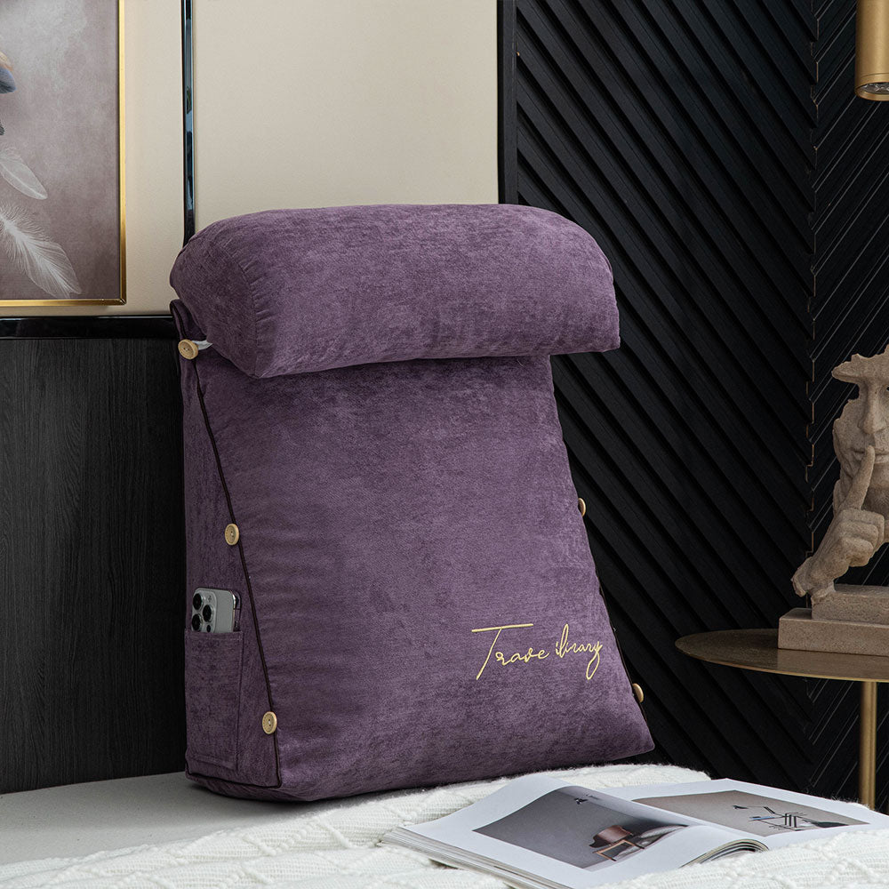 Ergonomic reading pillow designed for bed, featuring neck support, a soft cotton linen cover, and a convenient side pocket for books or devices, ideal 6