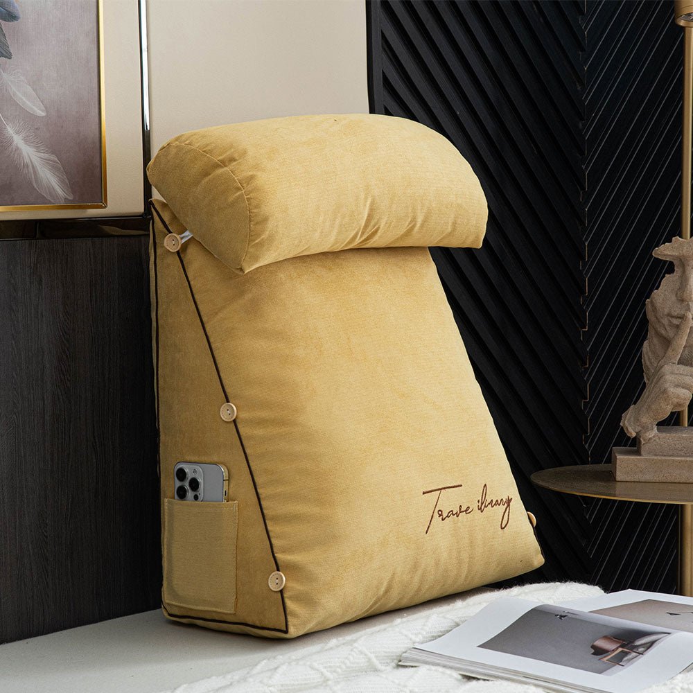 Ergonomic reading pillow designed for bed, featuring neck support, a soft cotton linen cover, and a convenient side pocket for books or devices, ideal 2