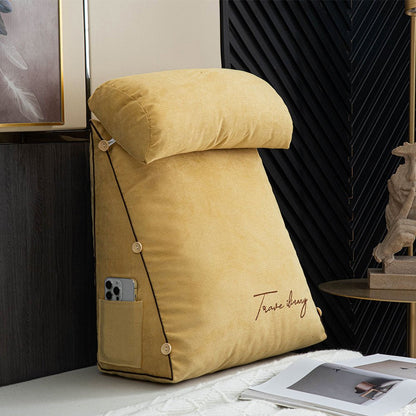 Ergonomic reading pillow designed for bed, featuring neck support, a soft cotton linen cover, and a convenient side pocket for books or devices, ideal 2