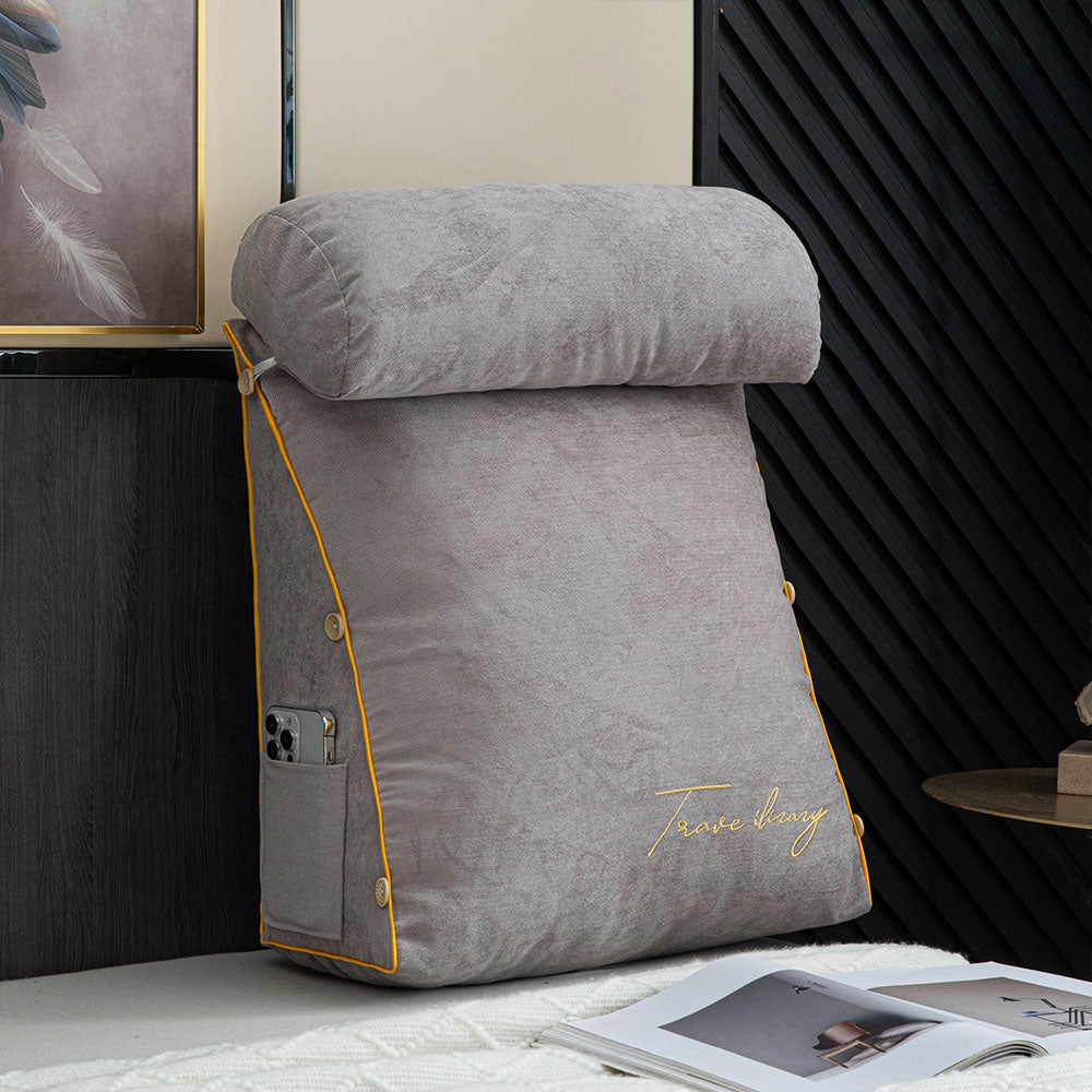 Ergonomic reading pillow designed for bed, featuring neck support, a soft cotton linen cover, and a convenient side pocket for books or devices, ideal 4