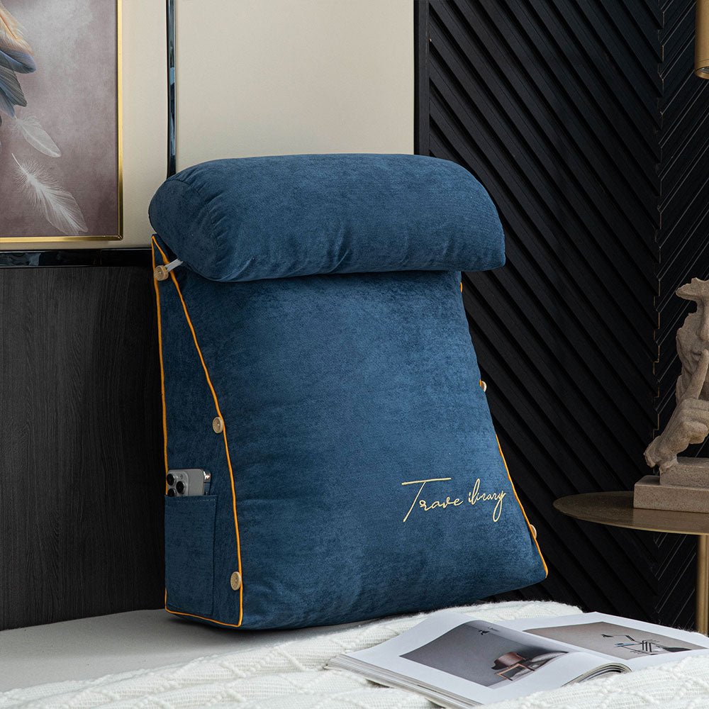 Ergonomic reading pillow designed for bed, featuring neck support, a soft cotton linen cover, and a convenient side pocket for books or devices, ideal 5