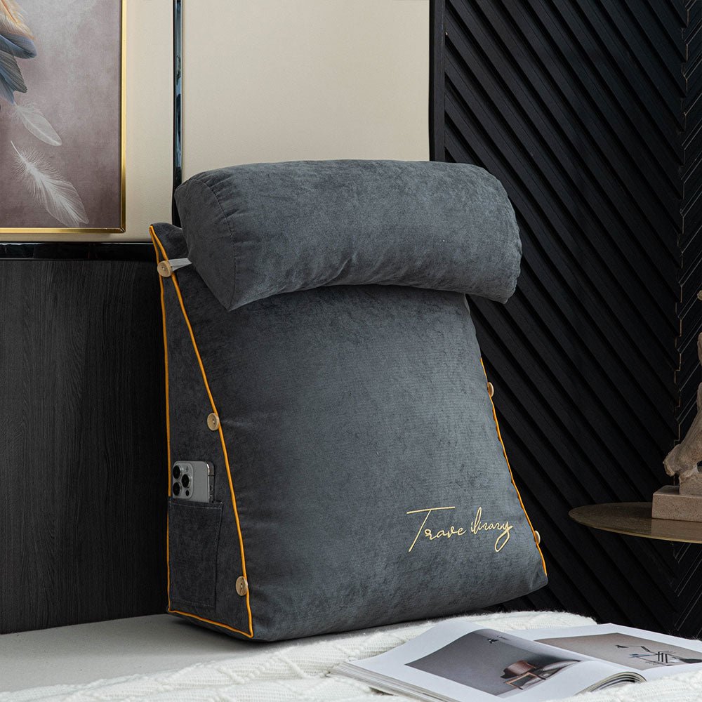 Ergonomic reading pillow designed for bed, featuring neck support, a soft cotton linen cover, and a convenient side pocket for books or devices, ideal 0