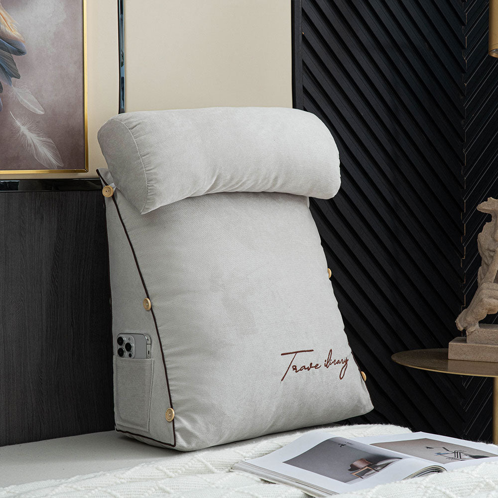 Ergonomic reading pillow designed for bed, featuring neck support, a soft cotton linen cover, and a convenient side pocket for books or devices, ideal 7