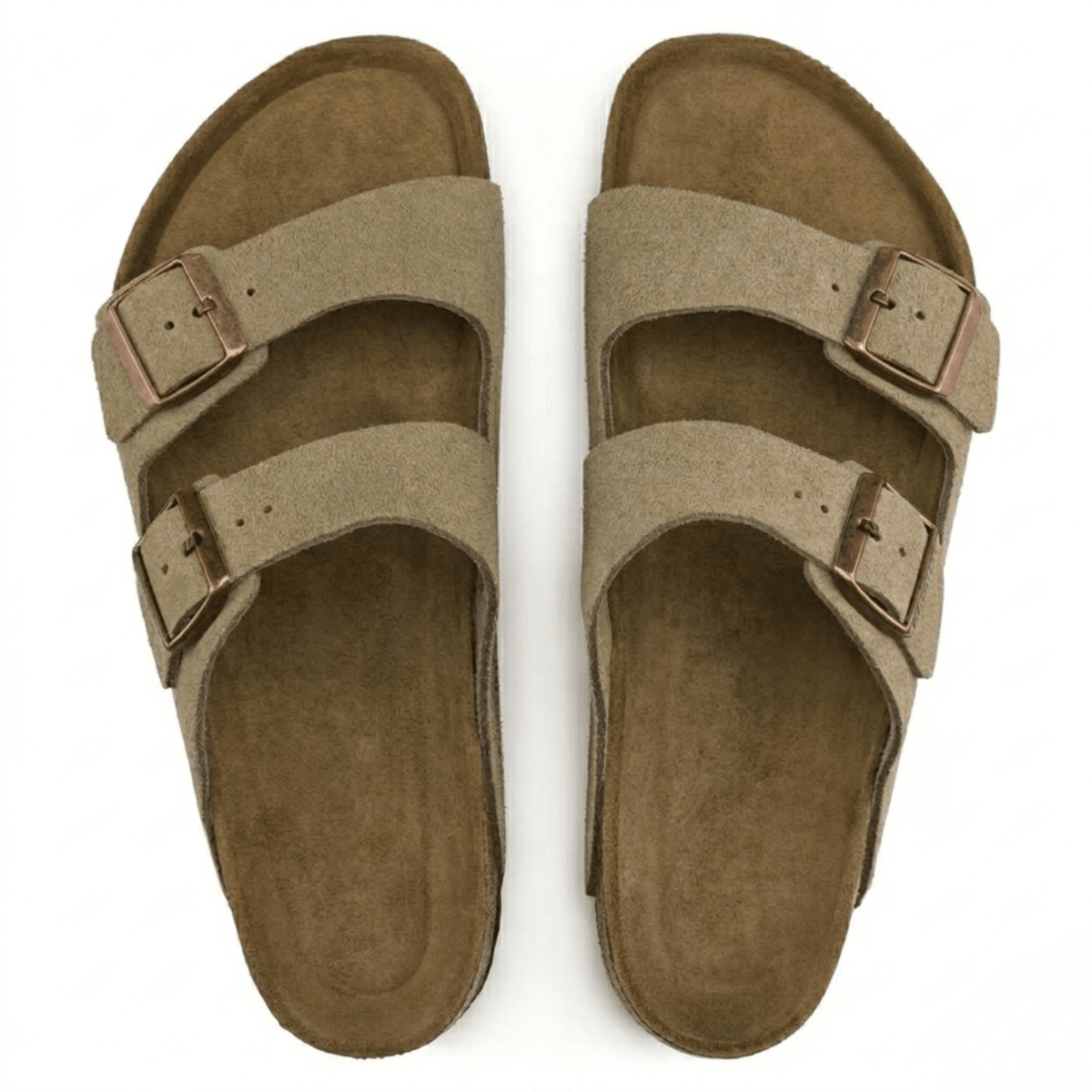 Ergonomic taupe suede sandals for women featuring adjustable straps, designed for casual comfort and support. 2