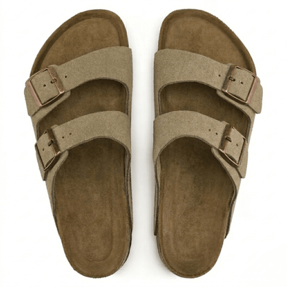 Ergonomic taupe suede sandals for women featuring adjustable straps, designed for casual comfort and support. 2