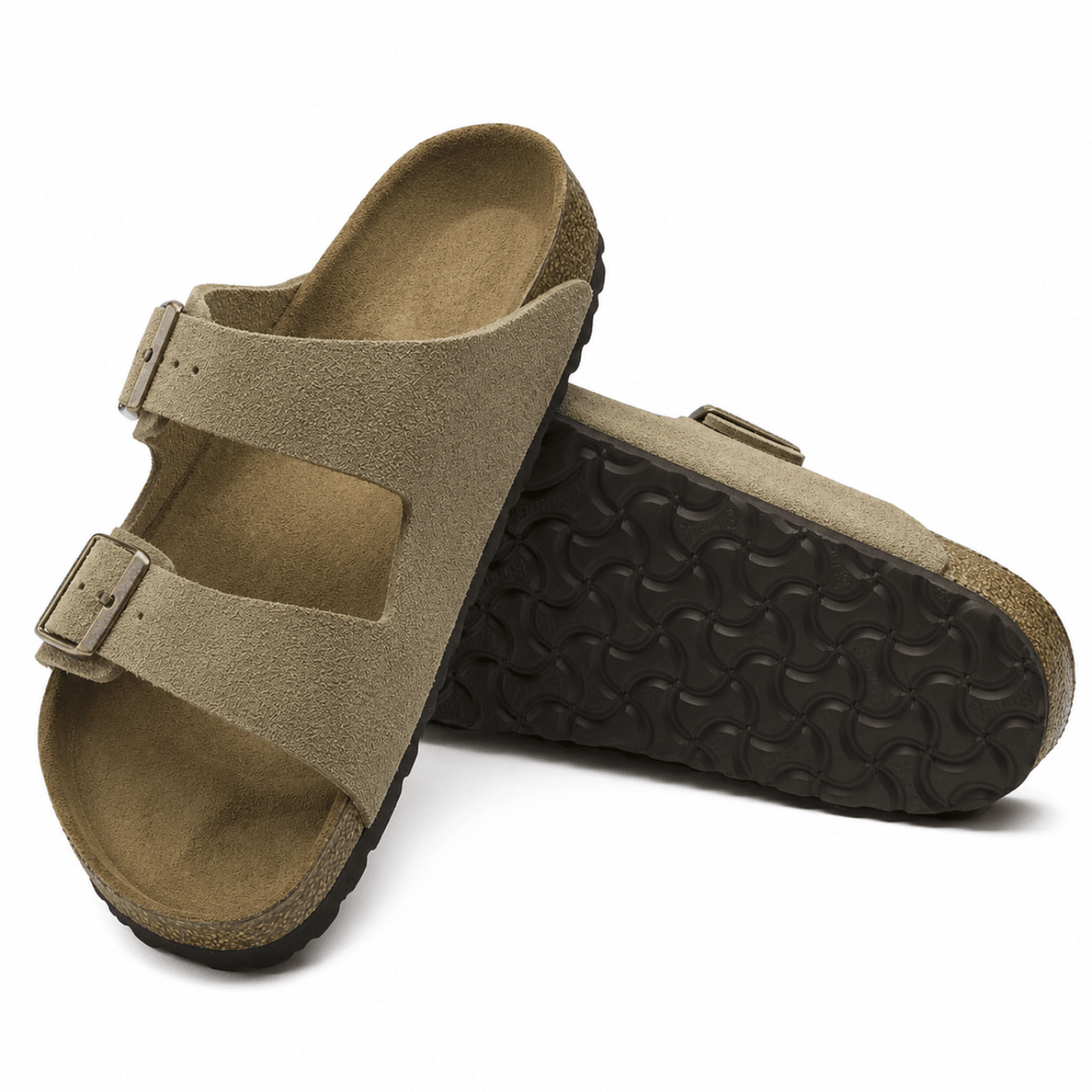 Ergonomic taupe suede sandals for women featuring adjustable straps, designed for casual comfort and support. 1