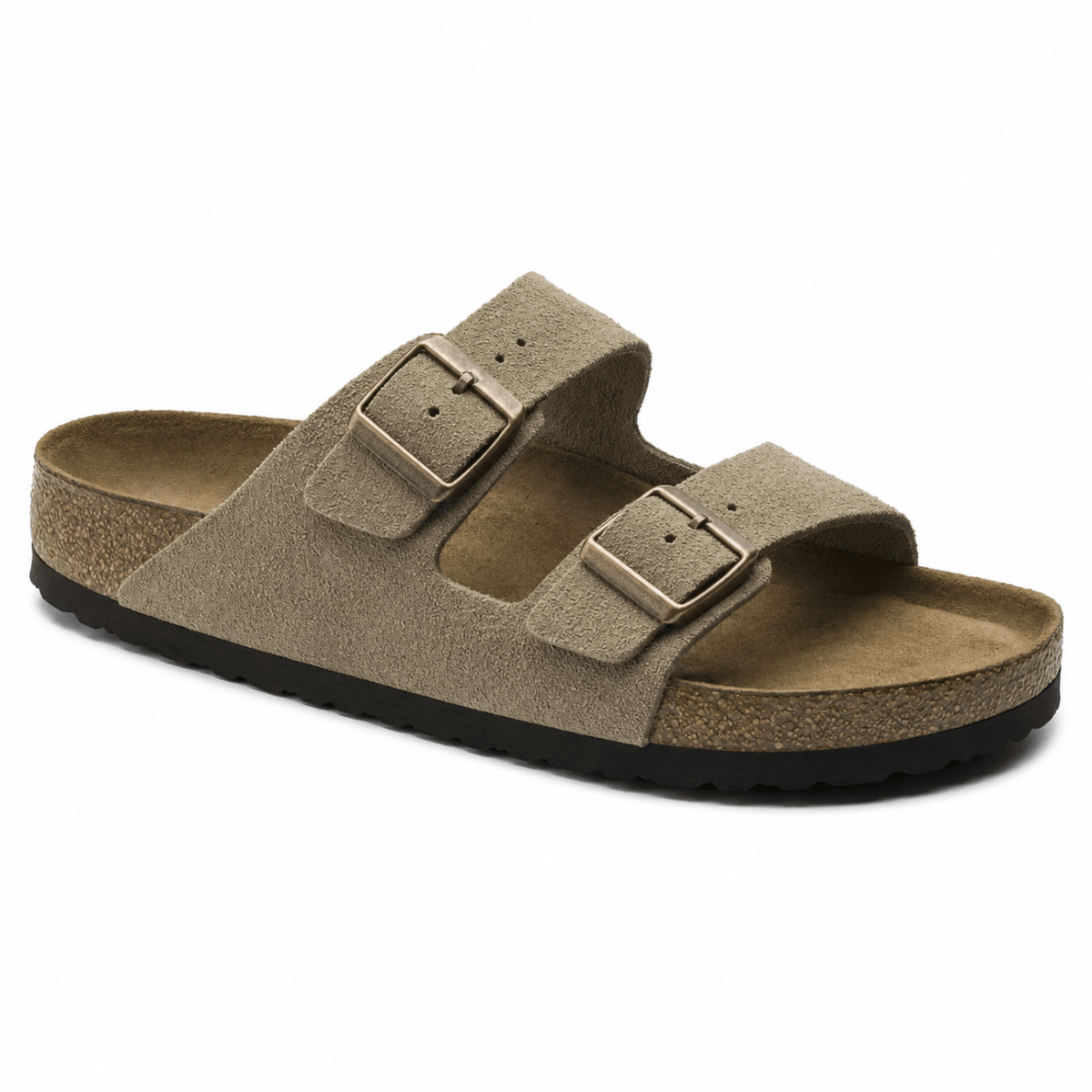 Ergonomic taupe suede sandals for women featuring adjustable straps, designed for casual comfort and support. 0