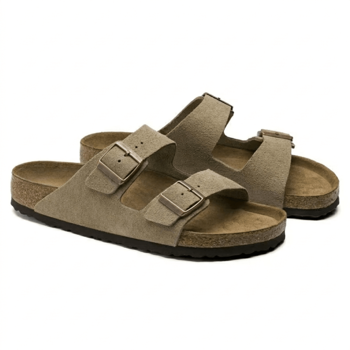 Ergonomic taupe suede sandals for women featuring adjustable straps, designed for casual comfort and support. 3