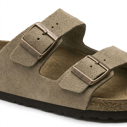 Ergonomic taupe suede sandals for women featuring adjustable straps, designed for casual comfort and support. 4
