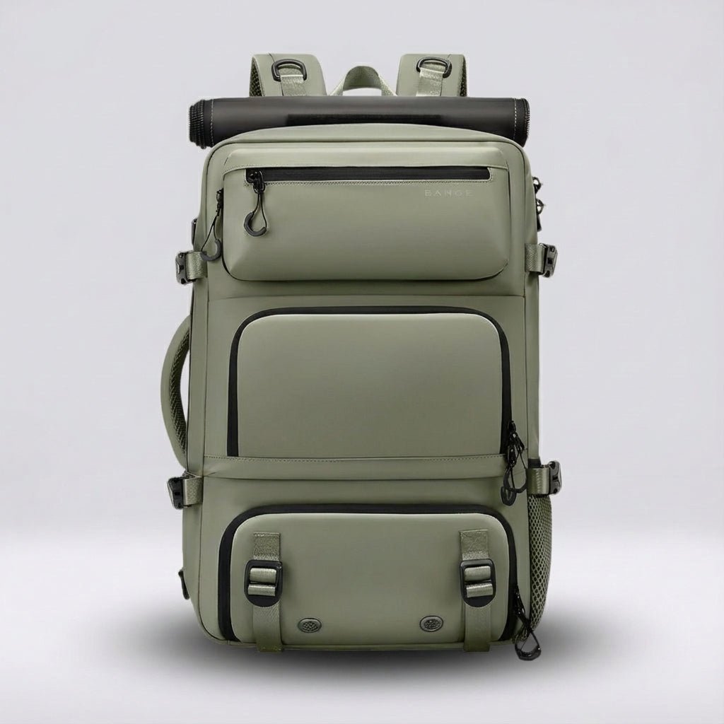 Ergonomic dark blue travel backpack featuring a waterproof exterior and a convenient integrated shoe compartment, perfect for travelers and outdoor enthusiasts. 6
