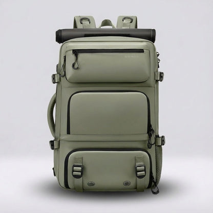 Ergonomic dark blue travel backpack featuring a waterproof exterior and a convenient integrated shoe compartment, perfect for travelers and outdoor enthusiasts. 6