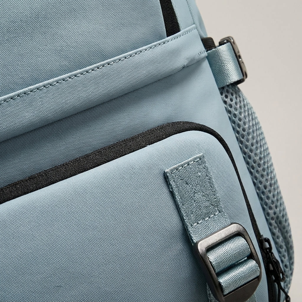 Ergonomic dark blue travel backpack featuring a waterproof exterior and a convenient integrated shoe compartment, perfect for travelers and outdoor enthusiasts. 3