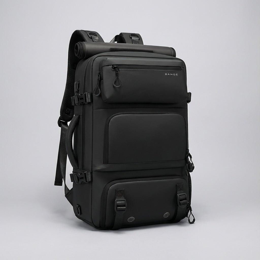 Ergonomic dark blue travel backpack featuring a waterproof exterior and a convenient integrated shoe compartment, perfect for travelers and outdoor enthusiasts. 5