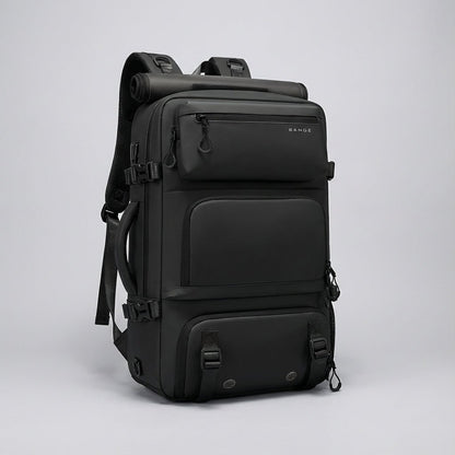 Ergonomic dark blue travel backpack featuring a waterproof exterior and a convenient integrated shoe compartment, perfect for travelers and outdoor enthusiasts. 5
