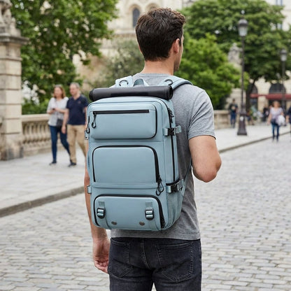 Ergonomic dark blue travel backpack featuring a waterproof exterior and a convenient integrated shoe compartment, perfect for travelers and outdoor enthusiasts. 1