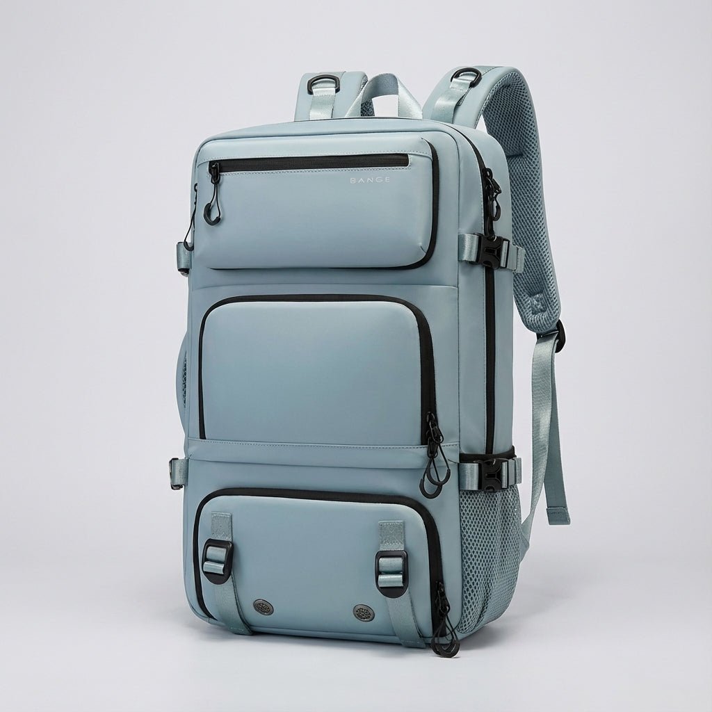 Ergonomic dark blue travel backpack featuring a waterproof exterior and a convenient integrated shoe compartment, perfect for travelers and outdoor enthusiasts. 2