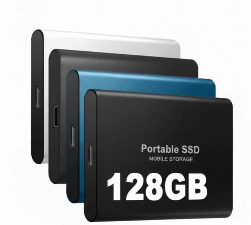 External SSD 128GB featuring fast USB-C transfer speeds, designed for portability and durability, compatible with Windows, macOS, and Linux systems. 0