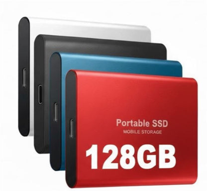 External SSD 128GB featuring fast USB-C transfer speeds, designed for portability and durability, compatible with Windows, macOS, and Linux systems. 1