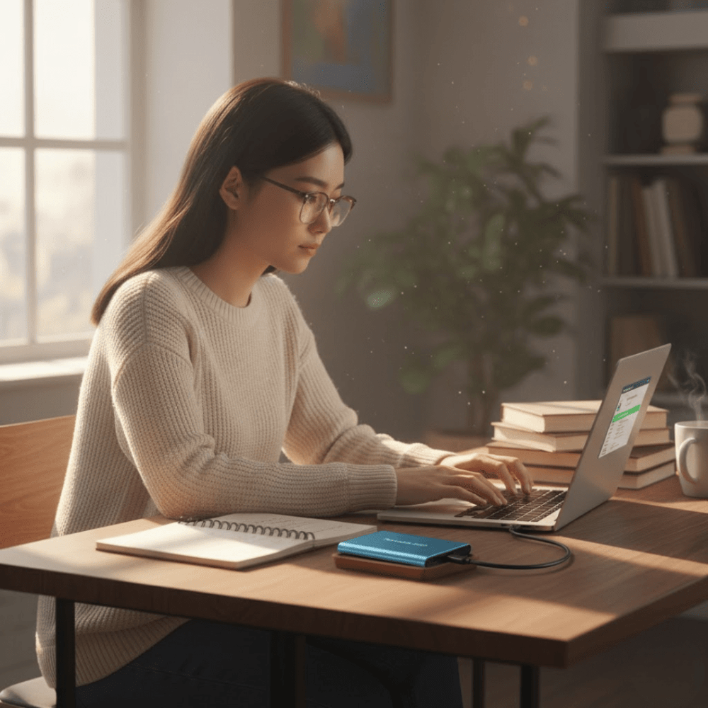 External SSD portable drive featuring high-speed USB-C connectivity and a waterproof design, perfect for on-the-go storage and data protection. 1